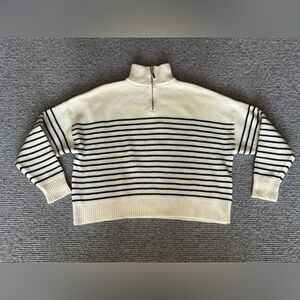 Mango MNG Women's Quarter Zip Striped Sweater Blue Cream XS Turtleneck